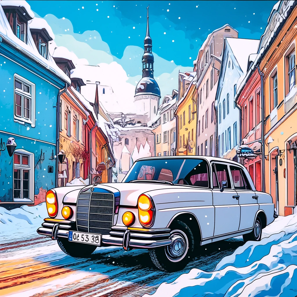 DALL·E 2024 05 03 13.48.05 A square anime style scene featuring an old Mercedes Benz in a winter setting in Tallinn Estonia inspired by the vibrant and surreal style of the P