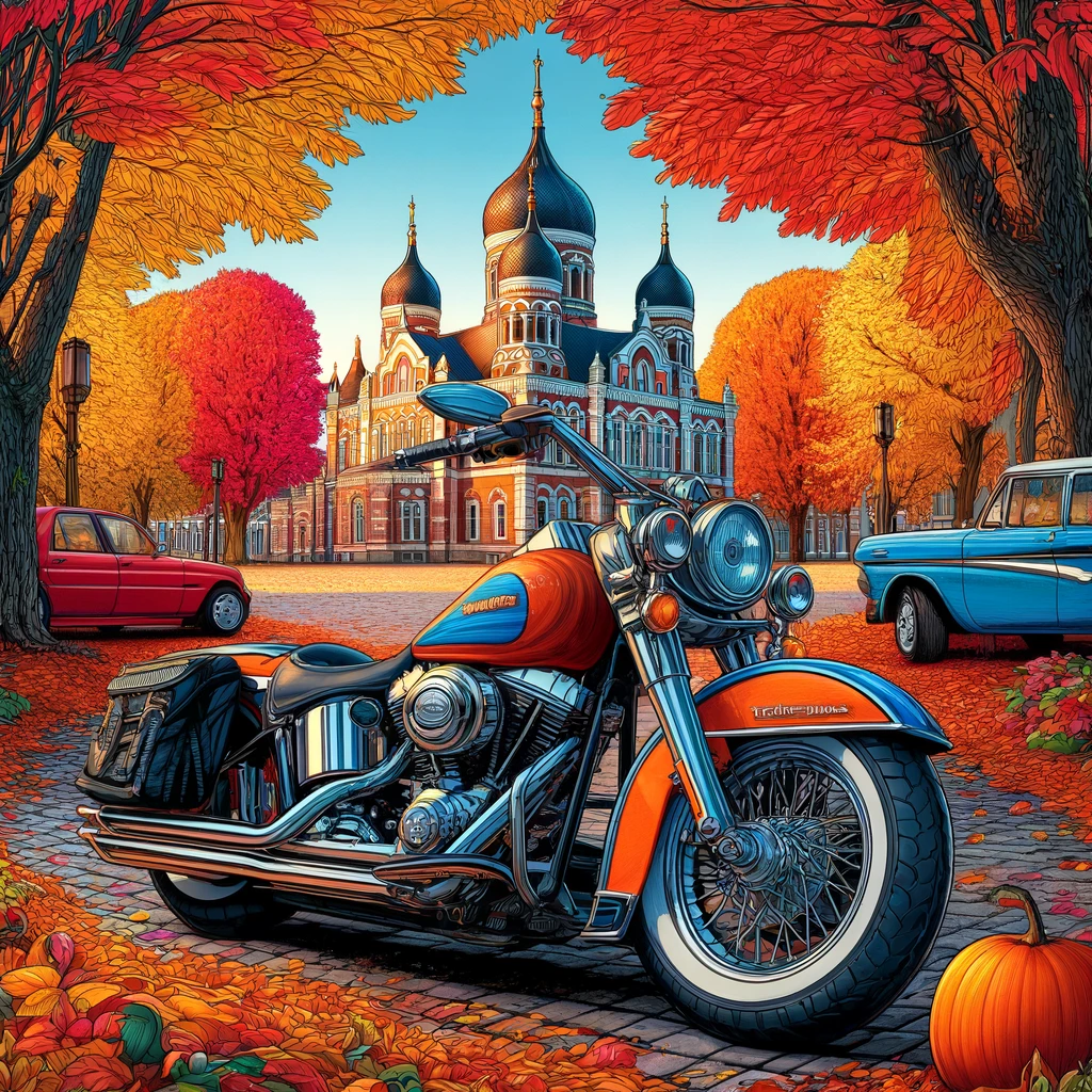 DALL·E 2024 05 03 14.16.53 A square anime style scene featuring a classic Harley Davidson bike in an autumn setting in Kadriorg Tallinn Estonia inspired by the vibrant and su