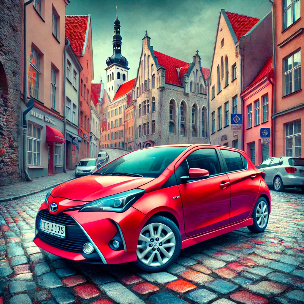 DALL·E 2025 03 02 09.18.33 Create a square 8k resolution anime style scene depicting a red Toyota Yaris in Tallinn rendered in the vibrant and surreal style of Paprika with 