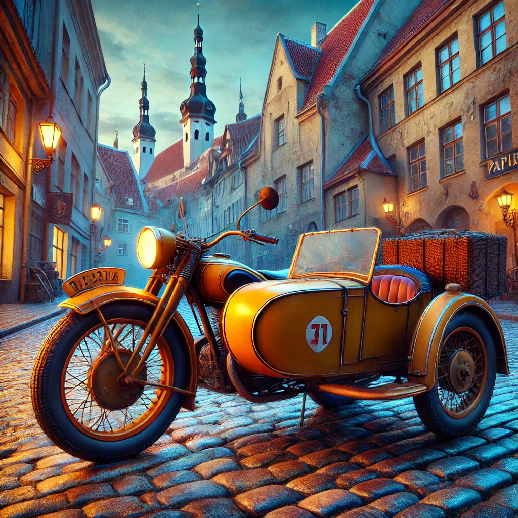 DALL·E 2025 03 02 09.21.50 Create a square 8k resolution anime style scene depicting an old Soviet Ural motorcycle with a sidecar in Tallinn rendered in the vibrant and surrea