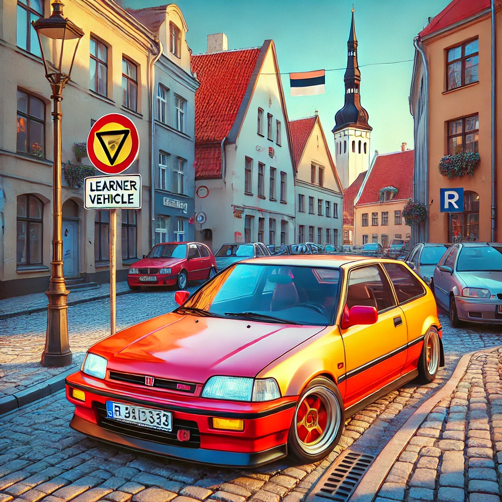 DALL·E 2025 03 02 09.35.48 Create a square 8k resolution anime style scene depicting a classic 1990s Honda Civic Type R hot hatchback in Tallinn Estonia featuring the Estonia