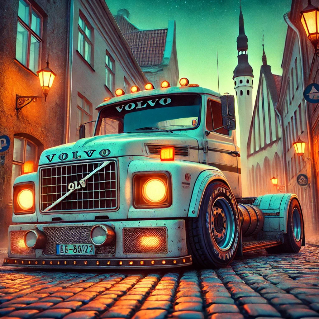 DALL·E 2025 03 02 09.56.18 Create a square 8k resolution anime style scene featuring an old European Volvo truck powerfully modified and tuned driving through Tallinn Estoni